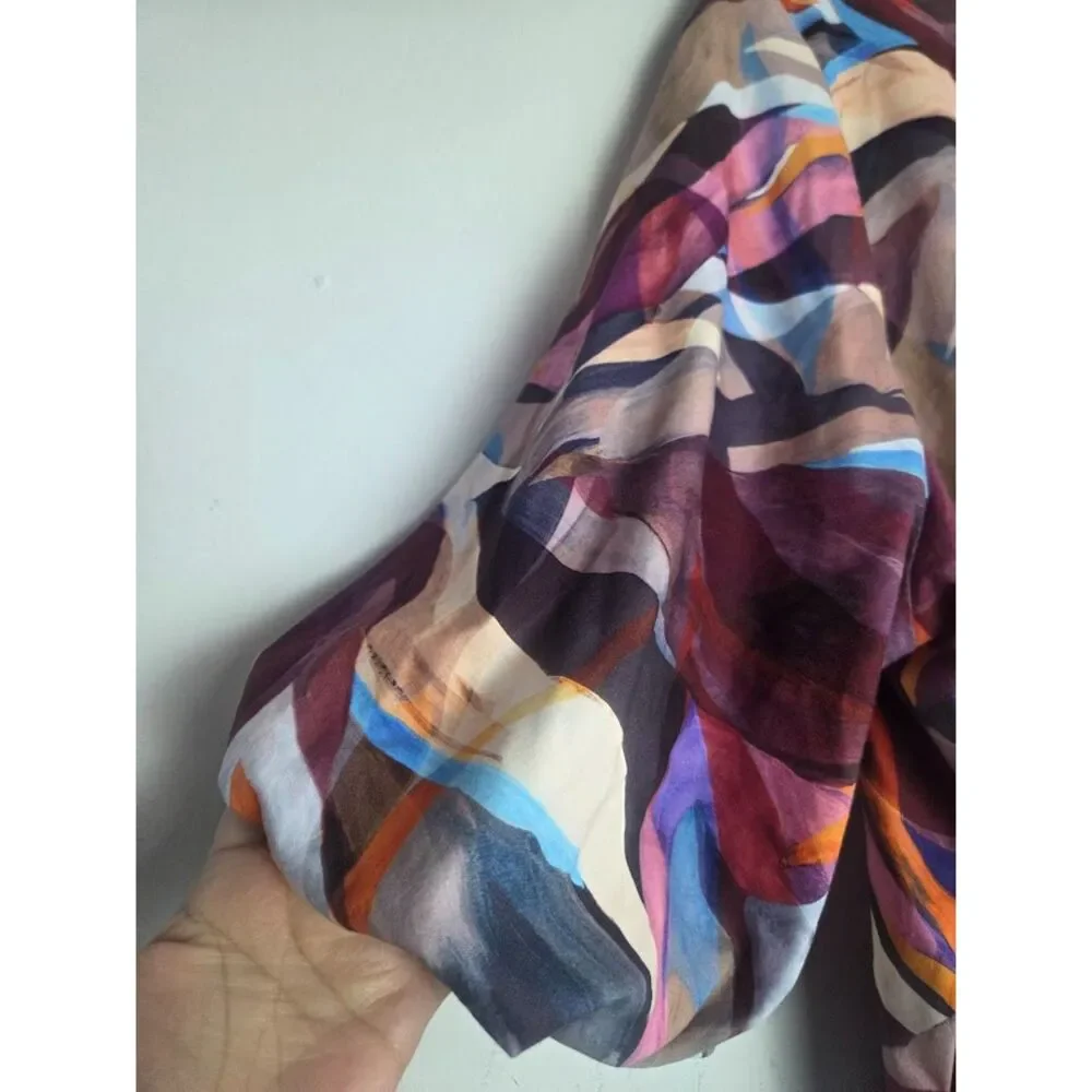 Chico's Blue Purple Cream Abstract Print 100% Cotton Bubble Hem Blouse  4/US XXL - Picture 2 of 5